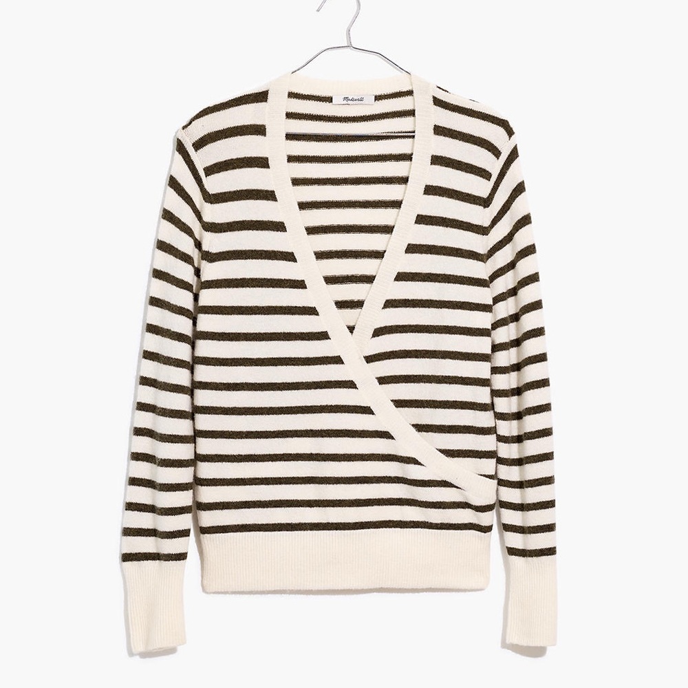 Madewell Wrap-Front Pullover Long Sleeve Sweater Elthorne Stripe Alpaca Small.